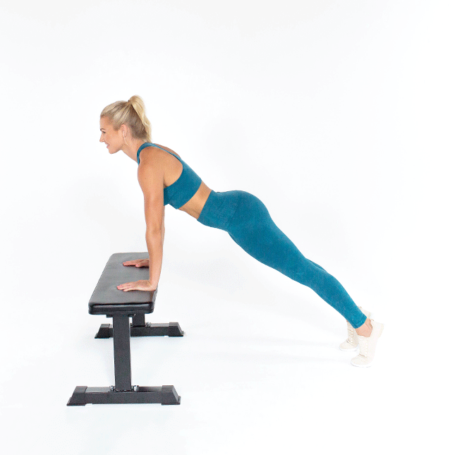 Tone your arms and upper body with a bench incline pushup.